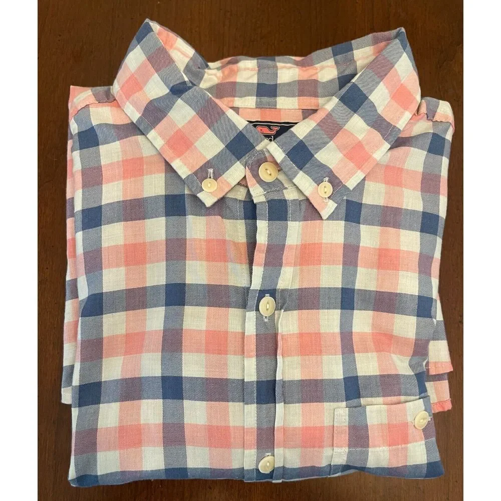 Vineyard Vines‎ Shirt Mens Large Pink Blue Plaid Check Slim Longshore Preppy